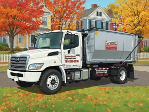 Homestead Disposal compact delivery truck placing a driveway-safe roll-off dumpster on a Blackstone, MA mill-era residential street near Main Street and Elm Street