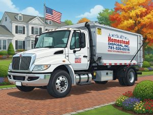 A clean roll-off dumpster rental delivered to a historic Concord, MA residential property for a colonial restoration, estate cleanout, or seasonal cleanup near Walden Pond