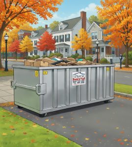 Homestead Disposal dumpster rental service in Mendon, MA featuring compact trucks built for wooded residential lanes near Lake Nipmuc and Mendon Center